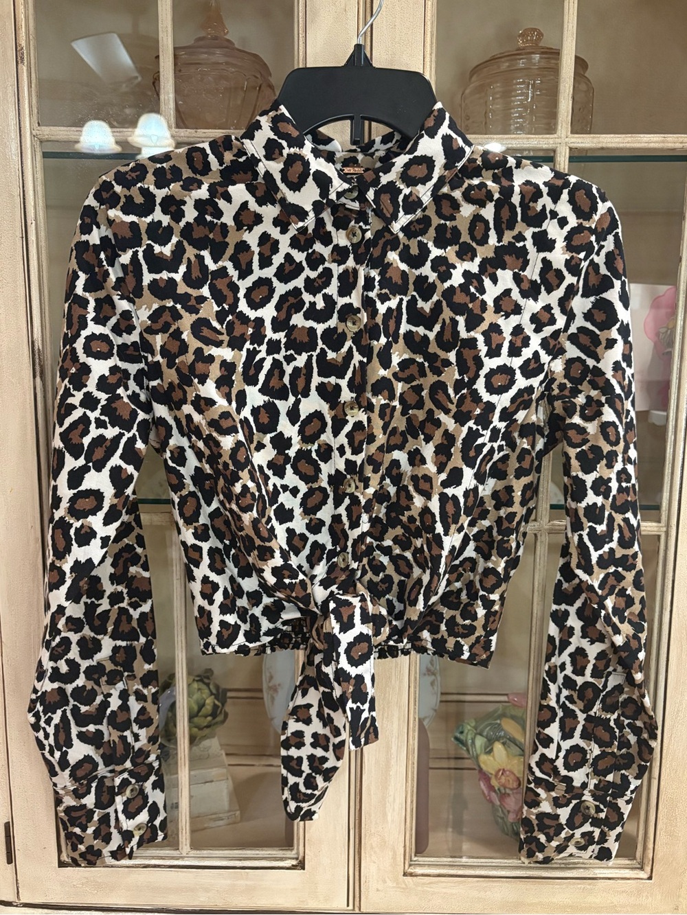Free People Leopard Tie Front Button Down 100% Cotton Shirt in Brown, Tan, Black